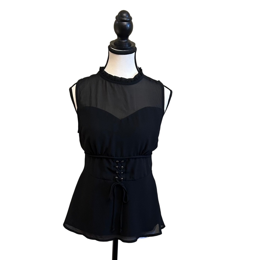 Monteau Black Sheer Ruffle Neck Sleeveless Corset Peplum Top